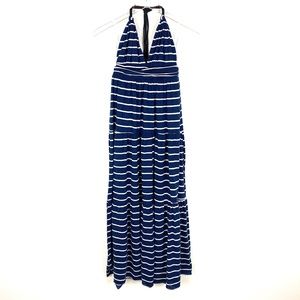 Tbags LA Maxi Dress Striped Navy Blue White Halter Plunge V Neck Size XS